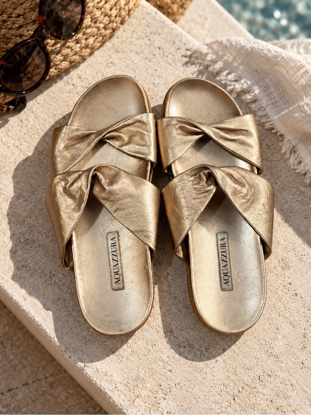 Aquazzura Metallic Gold Leather Twist Slide Sandals Flats